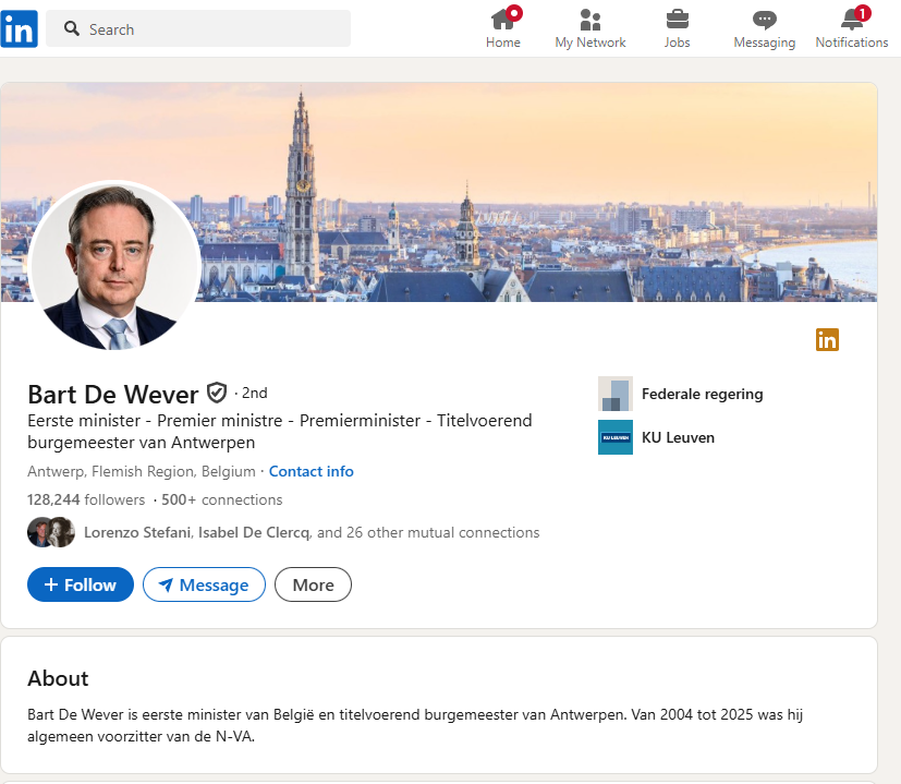 Intro LinkedIn profiel Bart de Wever