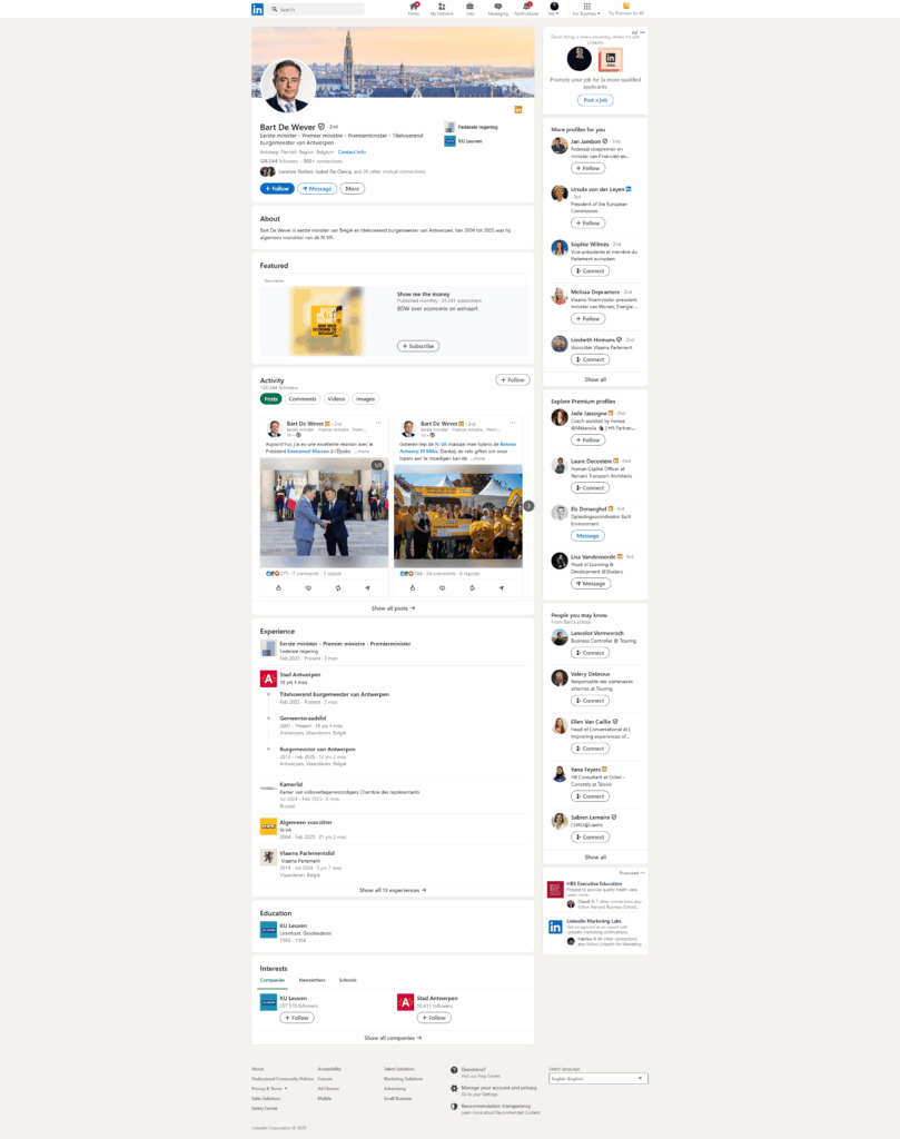 LinkedIn profiel van Bart de Wever