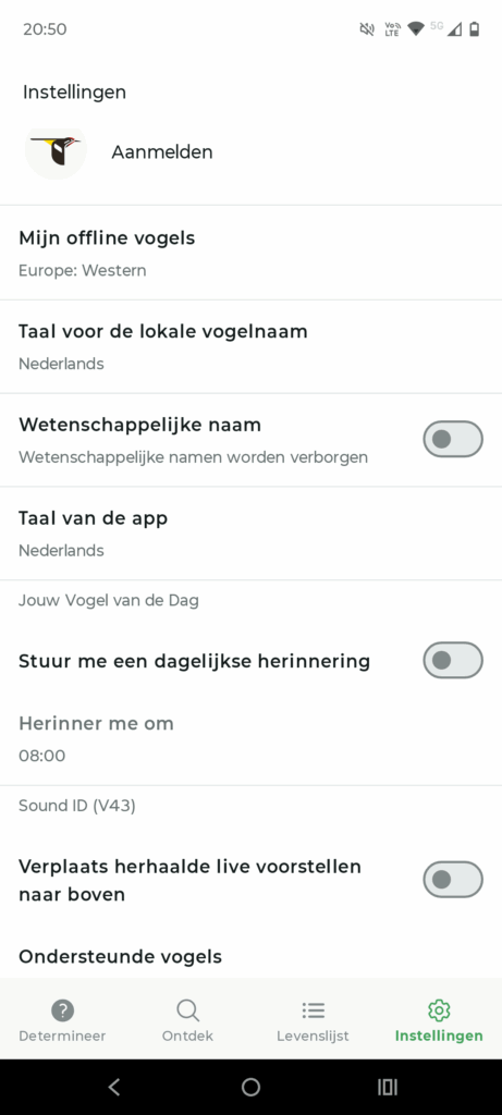 Instellingen Merlin Bird ID app.