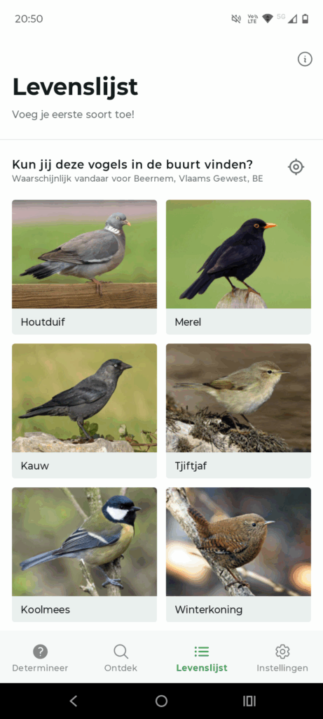 Levenslijst, de verzamelapp van alle vogels die je kan afkruisen op jouw lijstje in de Merlin Bird ID app.