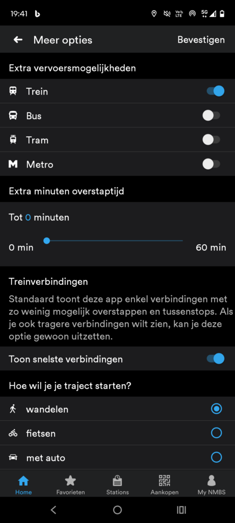 NMBS filters. Hier kan je kiezen welke vervoersmiddelen je zal gebruiken om naar het station te gaan, hoe lang je maximum wil wachten tussen 2 treinen en hoe je jouw weg verder zal zetten daarna.