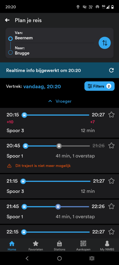 Een lijst van treinen tussen vertrek en aankomst. Met tijden, vertragingen en perron informatie.