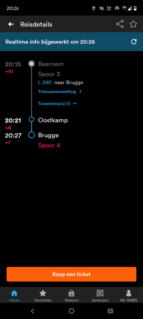 Detail van één traject, met alle tussentijden en tussenstops.