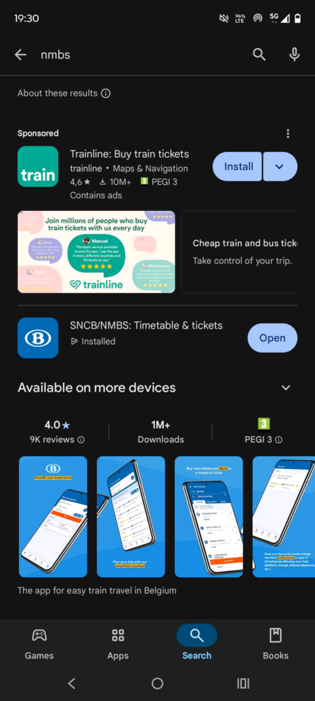 NMBS app in the Play Store van Android (Google)