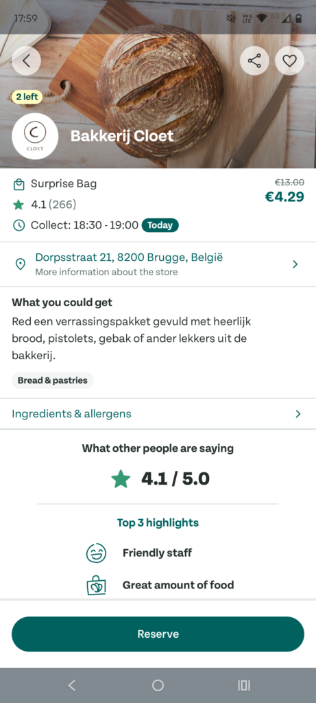 Detail van een aanbieder op Too Good To Go.