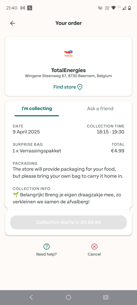 Overzicht van een bestelling van Too Good To Go.