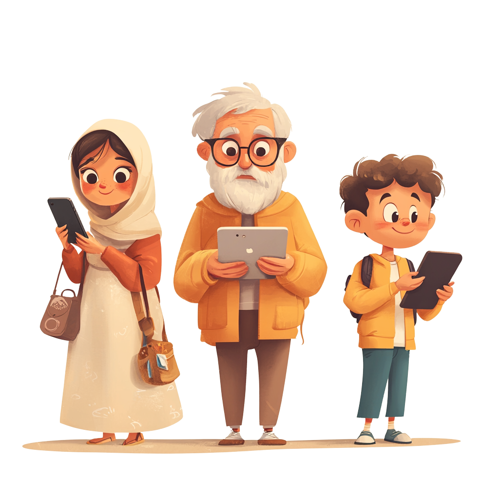 Links een vrouw met hoofddoek kijkend op een smartphone. In het midden een oudere man met bril kijkend naar een tablet. En rechts een jongen met boekentas kijkend naar een smartphone.