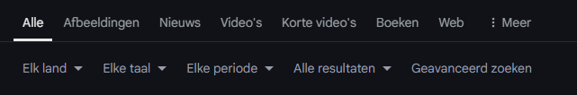 Tools menu voor de rubriek "alle" bij de zoekresultaten.