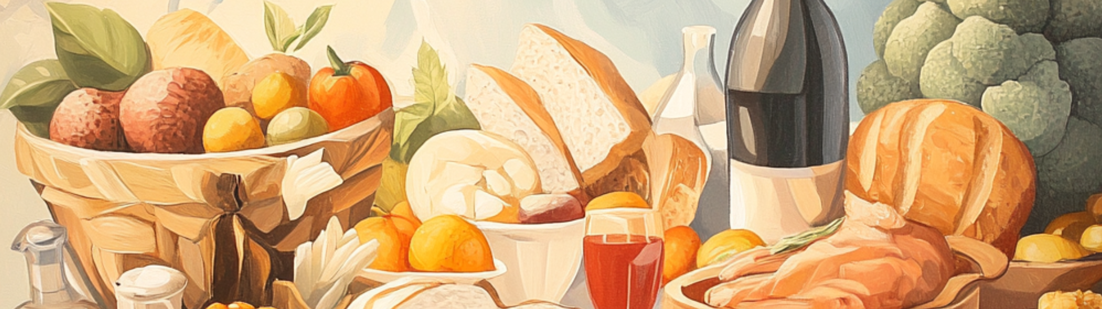 Een tafel gevuld met wijn, brood, pasta, groenten. 