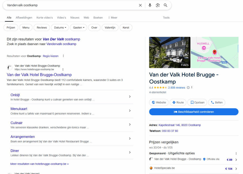 Zoekresultaten Vandervalk Oostkamp met rechts de infokaart (Google Business Profile).