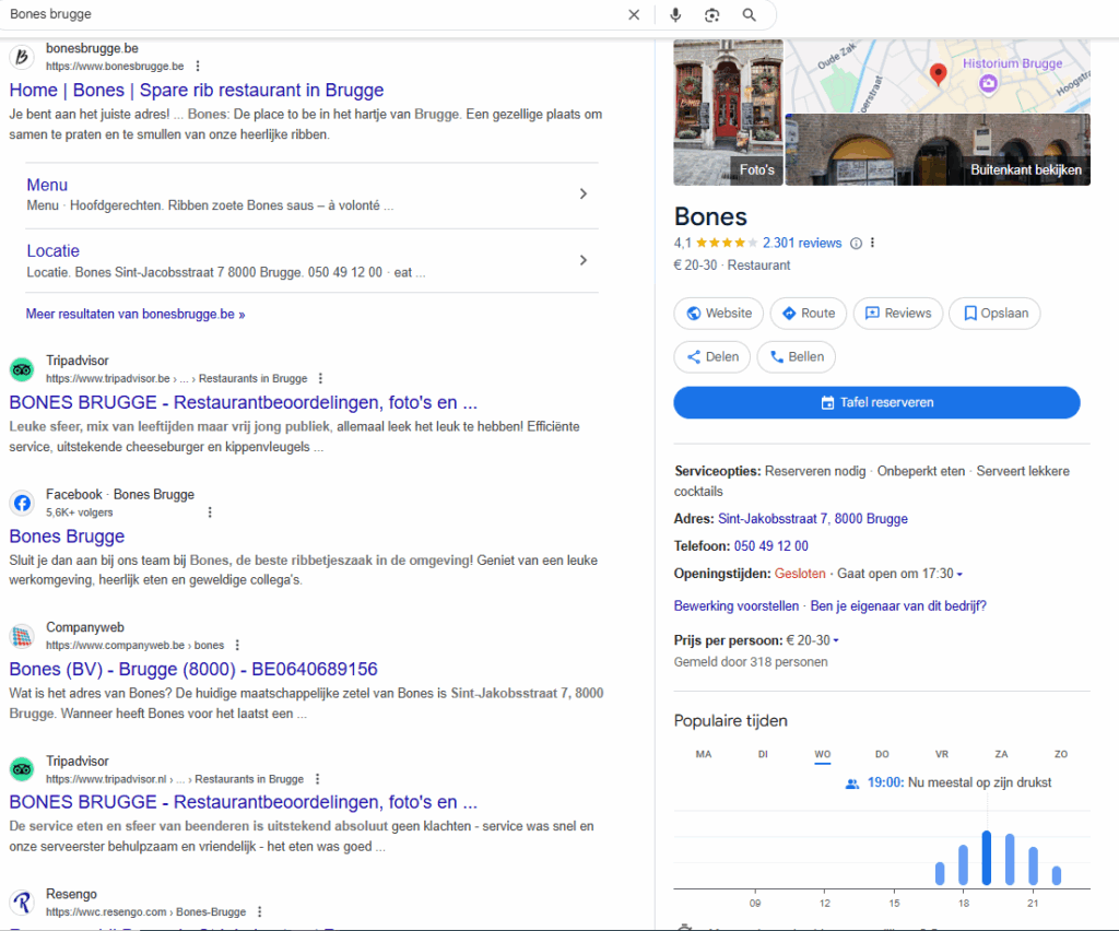 Zoekresultaten voor restaurant Bones in Brugge. Rechts de infokaart (Google Business Profile)