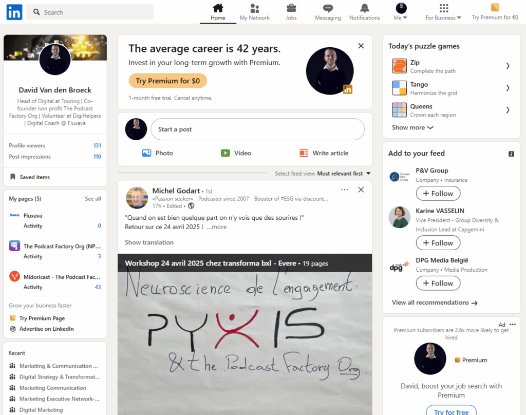 De startpagina van linkedin.