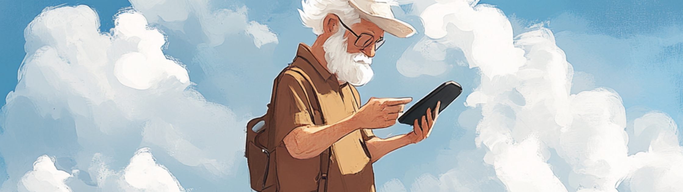 Oude man op zijn smartphone op het strand