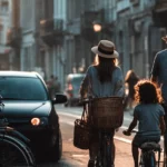 een gezin op de fiets, tegen het verkeer in.