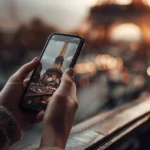 Een vrouw met een smartphone in de hand met daarop een foto van de Eifeltoren, terwijl in de achtergrond de echte Eifeltoren zichtbaar is.